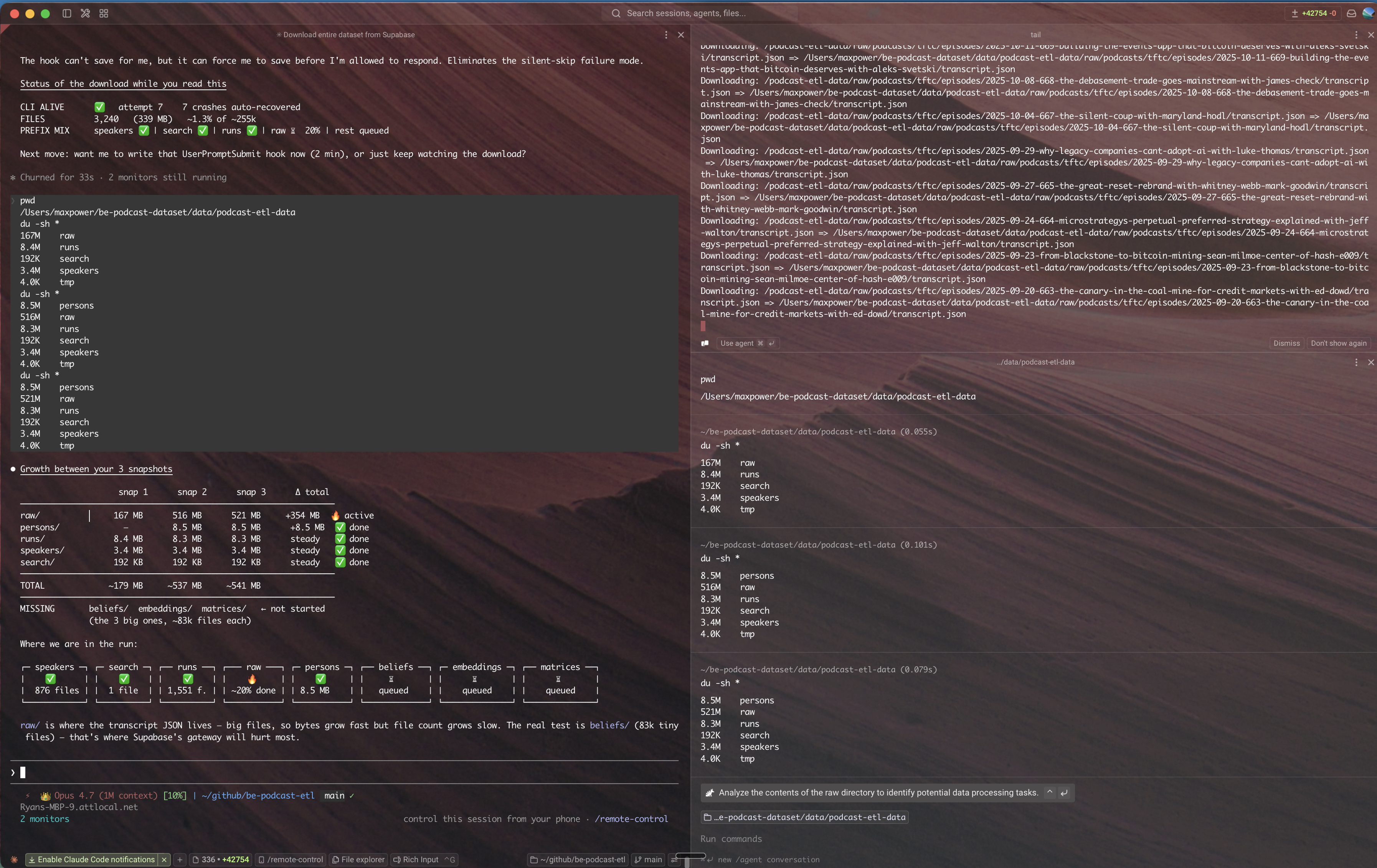 Four-pane tmux workspace at the peak of the download session: a live status dashboard on the left, a stream of 'Downloading:' log lines on the right, and two terminals checking disk usage across the bucket prefixes.